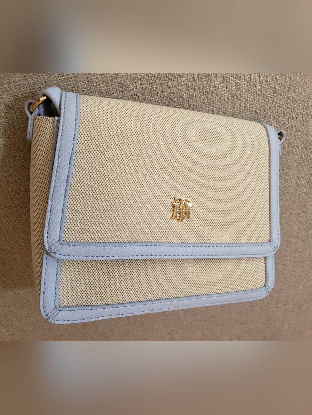 Tommy Hilfiger Cream Crossbody with Light Blue Trim and Gold Logo